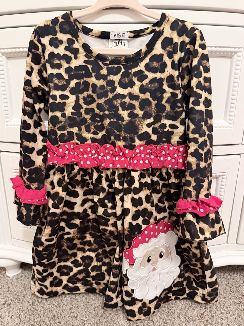 Leopard Print Girls Dress with Santa Appliqué & Pink Ruffles size S